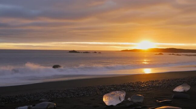 Golden sunset over icy beach with gentle waves and dramatic sky during golden hour