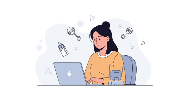 Modern Motherhood: Woman Juggling Work and Baby Care with Laptop, Milk Bottle, and Rattle