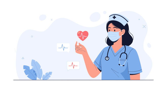 Nurse holding a heart symbol with ECG line, vector illustration of healthcare and cardiology concept