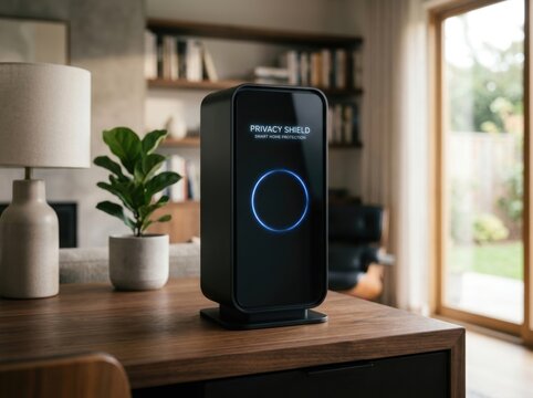 Minimalist black privacy shield monolith protecting smart home data on modern living room console