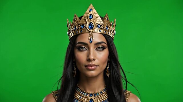 Egyptian Queen Woman Wearing Golden Crown on Green Screen Portraits 4k