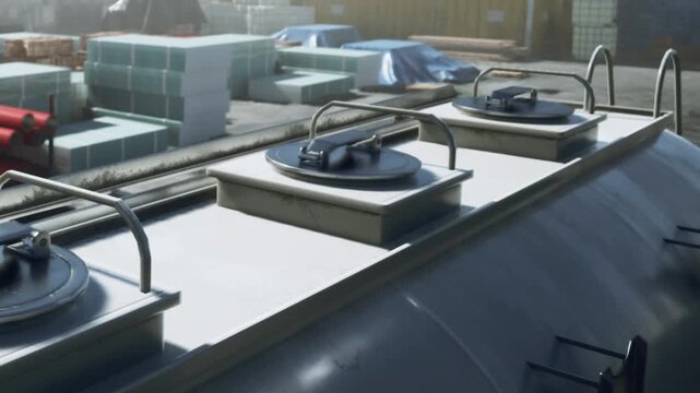 Two tank tops are shown with covers on a large storage tank at a facility. The setting is busy, with materials and equipment in the background during daytime.