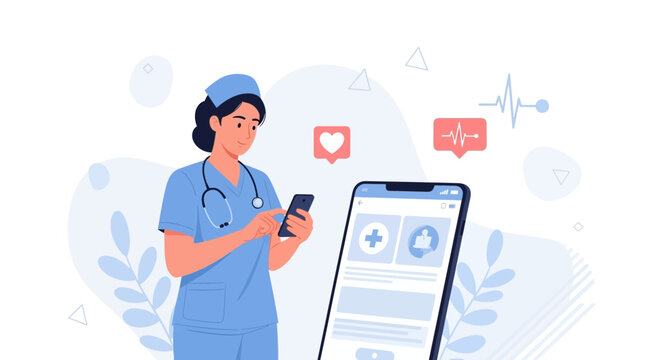 Nurse using smartphone with medical app and health icons, modern healthcare technology concept