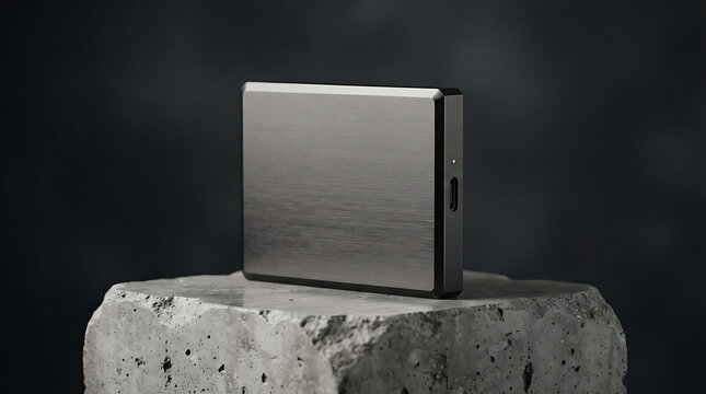 A brushed metal square device, possibly a portable hard drive or ssd, is placed on a rough, textured concrete block against a dark, out-of-focus isolated on a transparent background