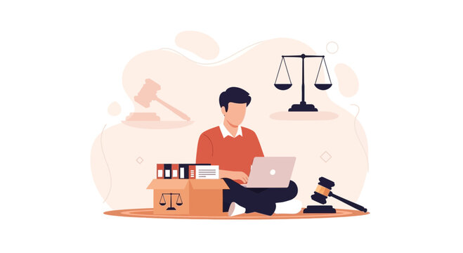 Online Justice: A Man Working on Laptop with Legal Symbols and Gavel