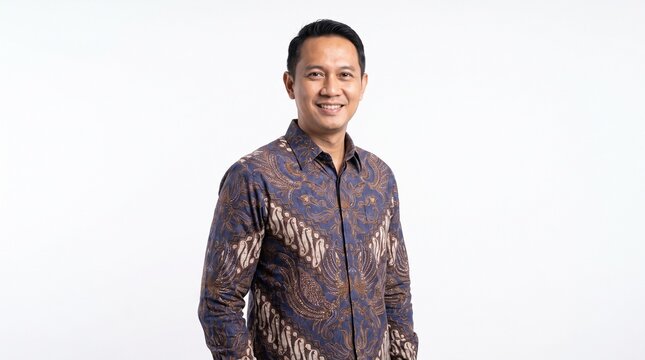 Professional Portrait of an Indonesian Man Wearing Traditional Batik Formal Shirt Against a Clean White Background