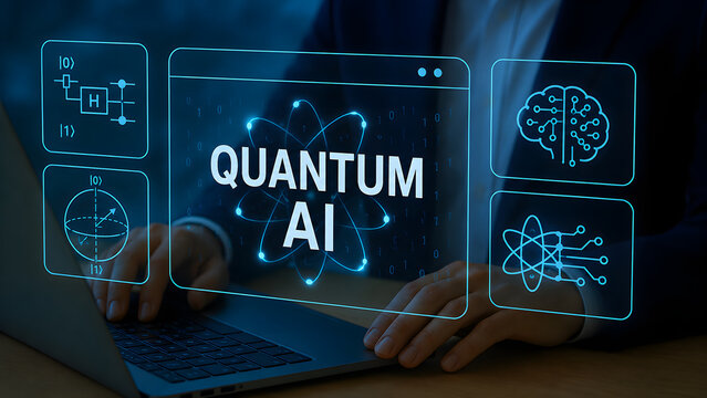 Quantum AI concept with businessman using laptop and holographic screen showing atom, digital brain and quantum circuit