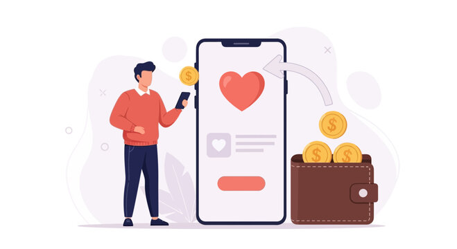Person using smartphone for online shopping and financial transaction, coins transferring to wallet
