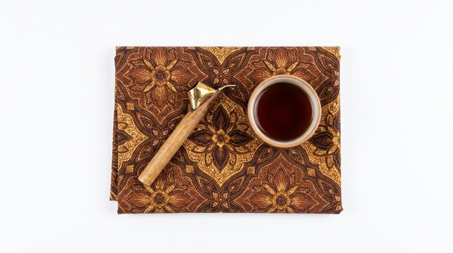 Indonesian batik textile patterned fabric with traditional canting tool and bowl of melted wax