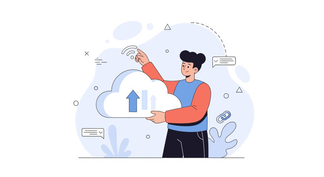 Person Uploading Data to Cloud Storage, Digital Technology Concept, Modern Flat Illustration