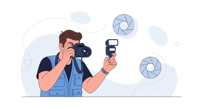 Photographer with Camera and Flash, Capturing Moment, Modern Vector Illustration