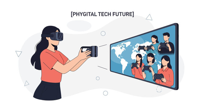 Phygital Tech Future: Woman in VR headset plays game with friends globally, connecting digital and physical worlds.