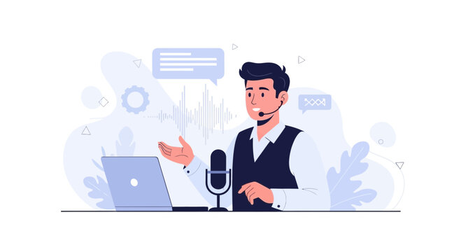 Podcast Host Speaking into Microphone with Laptop and Sound Wave Illustration - Modern Vector Art