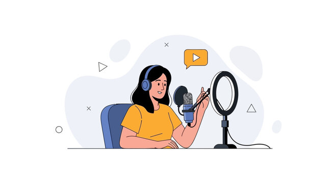 Podcaster and Streamer with Microphone, Ring Light, and Headphones Creating Content
