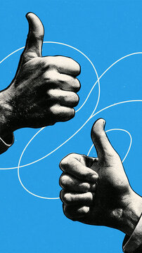 Two Thumbs Up: A striking graphic illustration features two hands giving a thumbs-up gesture against a vibrant blue background, conveying a message of approval and positivity.