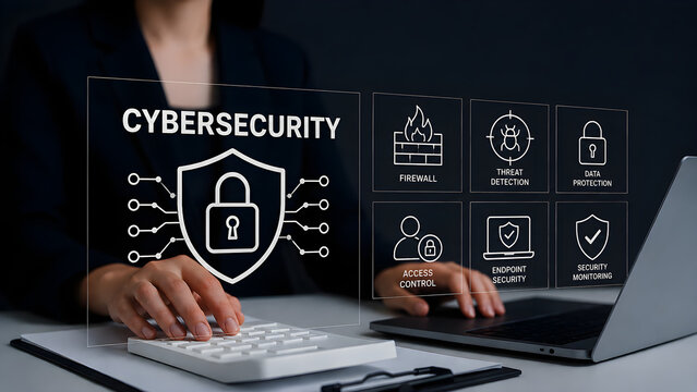 Cybersecurity concept with businesswoman touching virtual screen showing shield lock, firewall and endpoint security icons