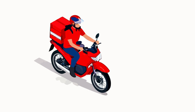 Isometric illustration of a red motorcycle delivery courier with delivery box on white background