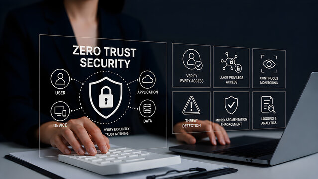 Zero trust security concept with businesswoman touching virtual screen showing least privilege access and micro segmentation