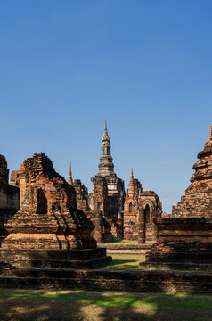 The temple of Wat Mahathat, the most important Buddhist temple from the Sukhothai era, with a unique-shaped pagoda at the top inside Sukhothai Historical Park
