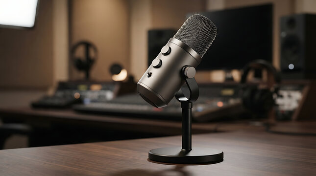 A silver condenser microphone on a black stand sits on a wooden surface in a recording studio with audio equipment in the background.keywords isolated on a transparent background