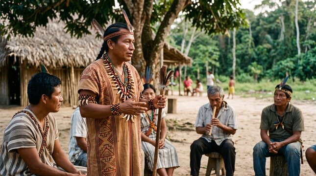 Indigenous leader speaking to community members in the Amazon rainforest