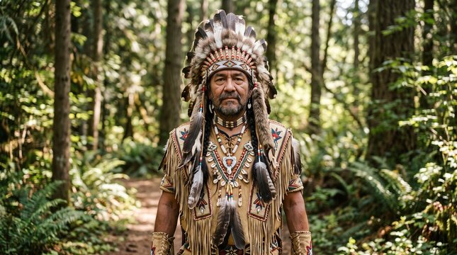 Indigenous man in traditional regalia standing in a forest