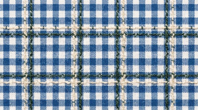 Close-up of Blue and White Gingham Fabric Pattern for Textile Design