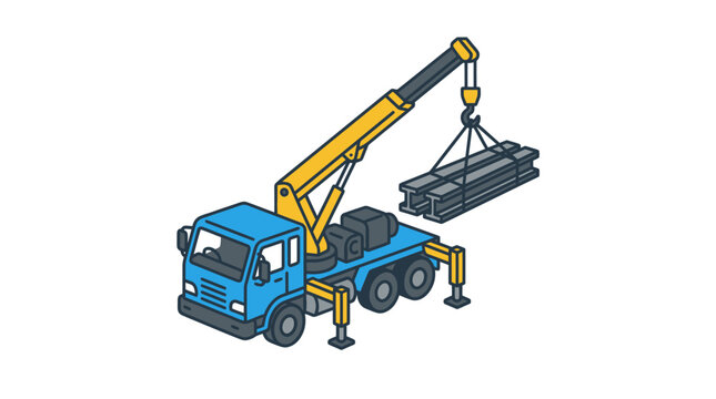 Blue mobile crane truck lifting industrial steel girders.