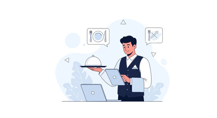 Fototapeta premium Waiter with Tablet and Laptop Serving Food, Restaurant Technology, Online Ordering, Digital Service