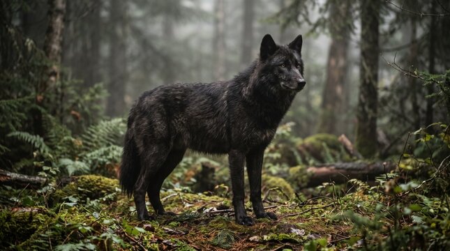 Majestic black wolf standing in a misty forest