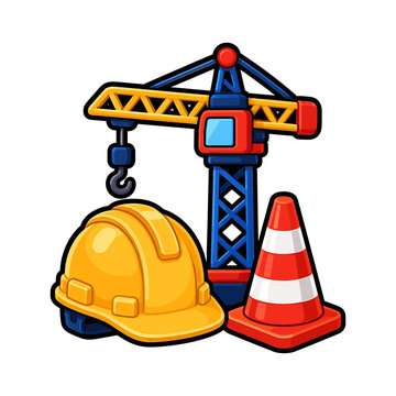 Construction illustration featuring crane, hard hat and safety cone for building site concepts