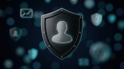 Fototapeta premium Digital shield icon with a user profile for cybersecurity and data protection.