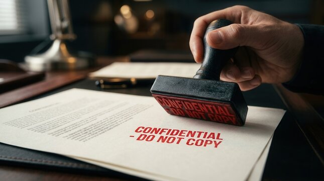 A red confidential do not copy stamp on official documents for security and privacy.