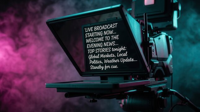 Professional teleprompter device with reflected text for broadcasters and speakers.