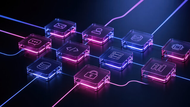 Digital ecosystem integration network featuring glowing glass nodes connecting business applications and secure data processing systems