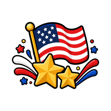 Patriotic illustration of American flag with stars and celebratory bursts for national holiday designs