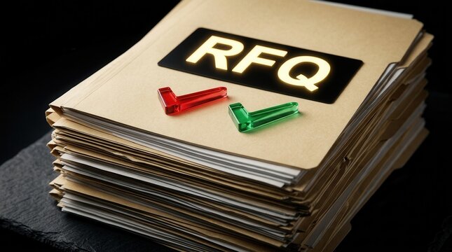 Large stack of RFQ folders with red and green check marks for review status.