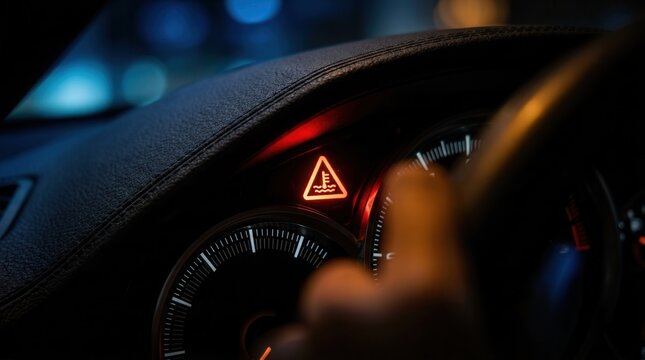 Red warning light with thermometer symbol on a car dashboard indicating engine temperature alert.