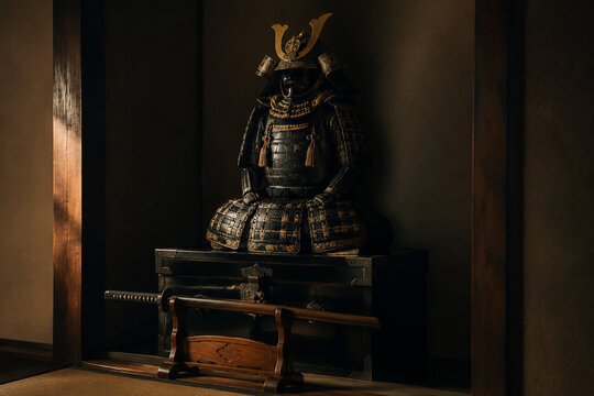 Bushido still life with samurai armor and katana in dark alcove