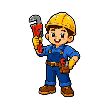 Illustration of construction worker holding an adjustable wrench for plumbing, repair and maintenance work
