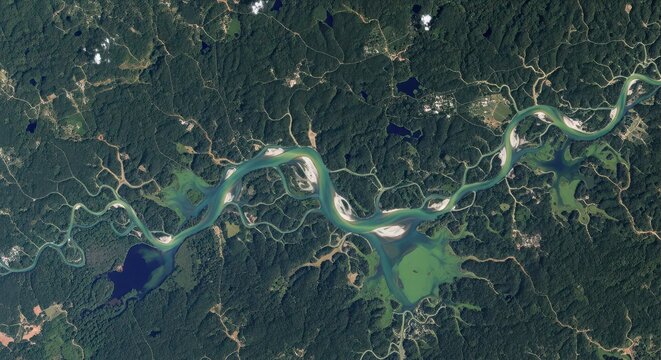 Aerial view of winding river cutting through dense forested landscape with water bodies