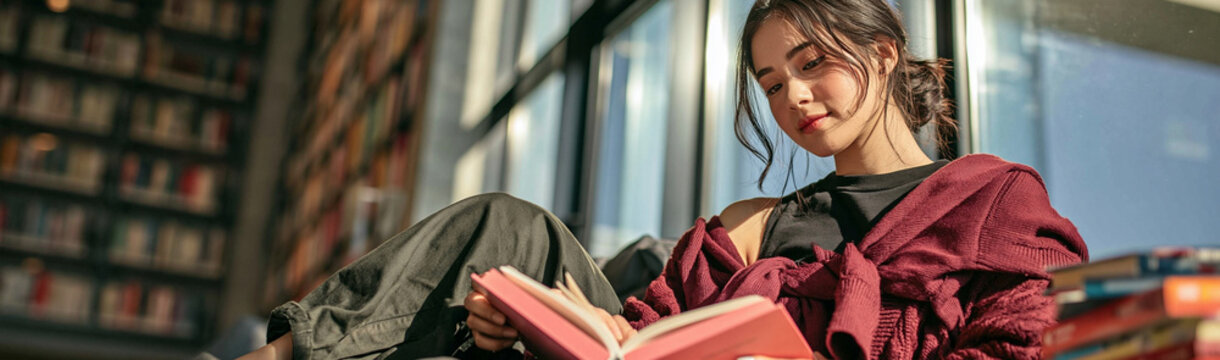 A young woman engrossed in a book, bathed in warm sunlight streaming through a large window, surrounded by shelves of books.