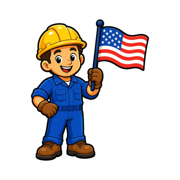 Patriotic illustration of construction worker holding an American flag for Independence Day and skilled labor themes