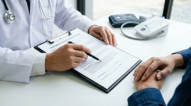 A doctor explaining a medical treatment plan and obtaining informed consent from a patient.