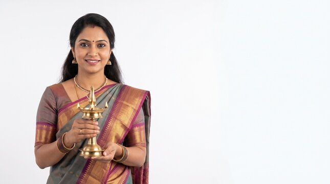Beautiful Indian woman in traditional saree holding a brass oil lamp or diya for Diwali celebration isolated on white background