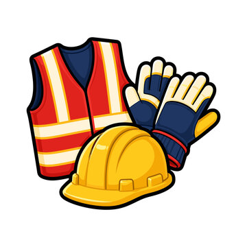 Construction safety illustration with hard hat, reflective vest and protective gloves for worker protection