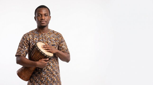 African musician in traditional patterned shirt holding a djembe percussion drum against a clean white background with copy space