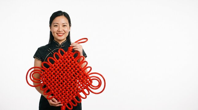 Smiling happy Chinese woman in traditional black cheongsam holding a large red lucky knot decoration on white background