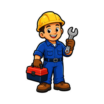Illustration of construction worker holding a wrench and toolbox for maintenance and repair services