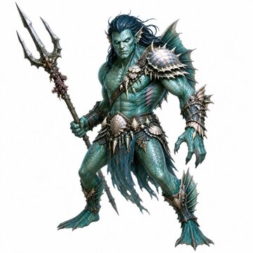 Aquatic Merman Warrior with Trident and Scale Armor on White Background